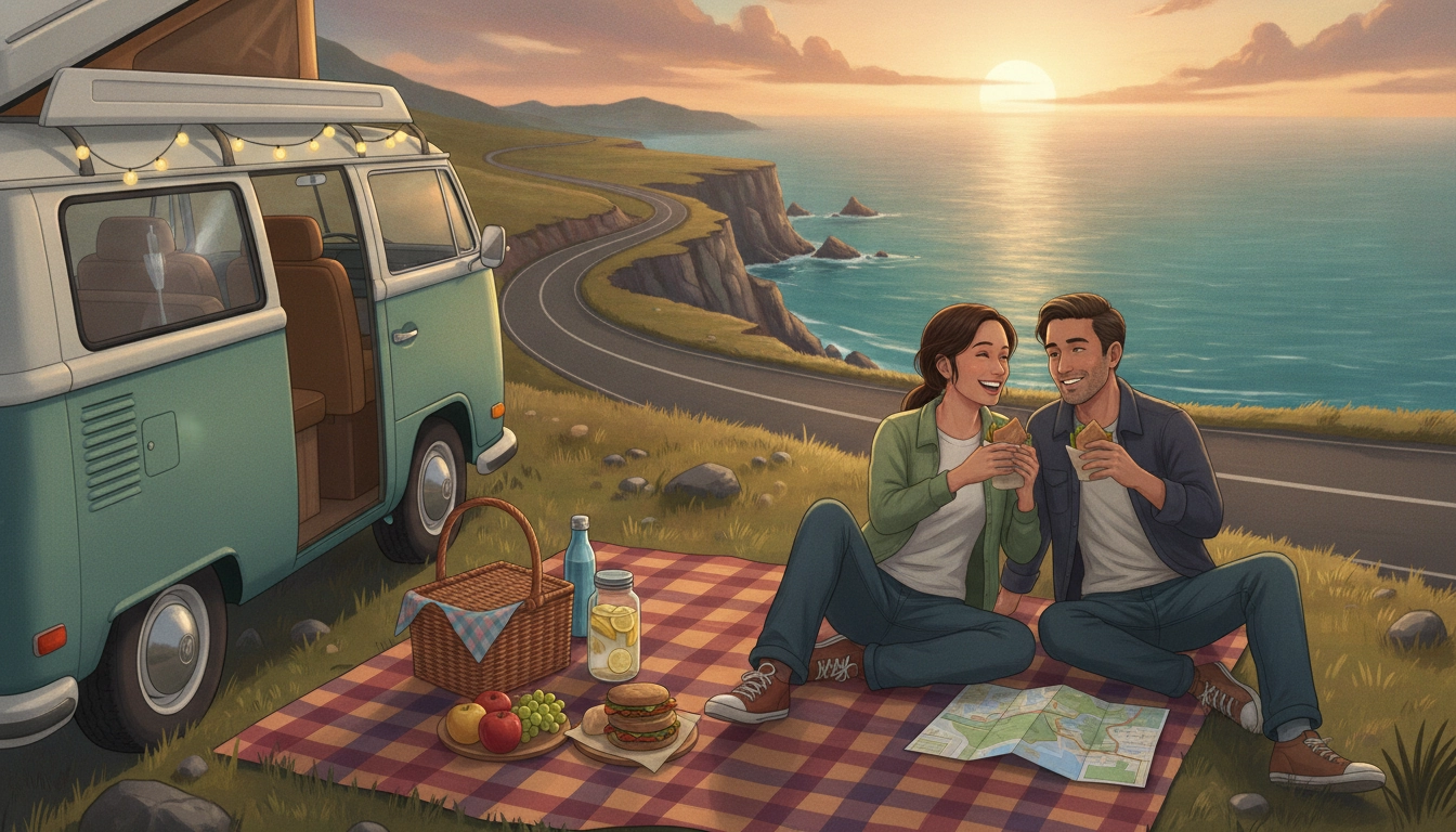 Une famille heureuse en train de pique-niquer en pleine nature lors d'un voyage, illustrant comment faire un pique-nique road trip pas cher.