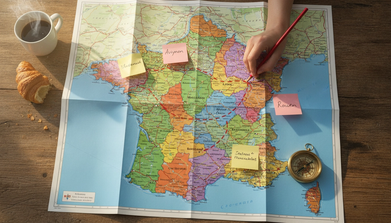Carte routière de France ouverte sur une table pour la planification des étapes de road trip