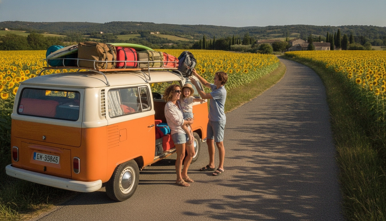 Famille heureuse devant un van aménagé lors d'un road trip en famille en France
