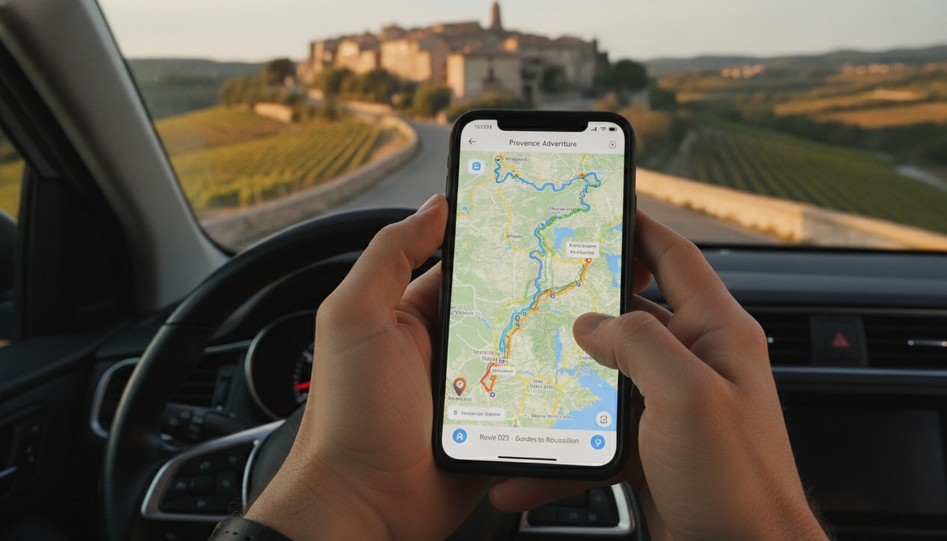 Voyageur utilisant une application mobile pour organiser les étapes de son road trip en France