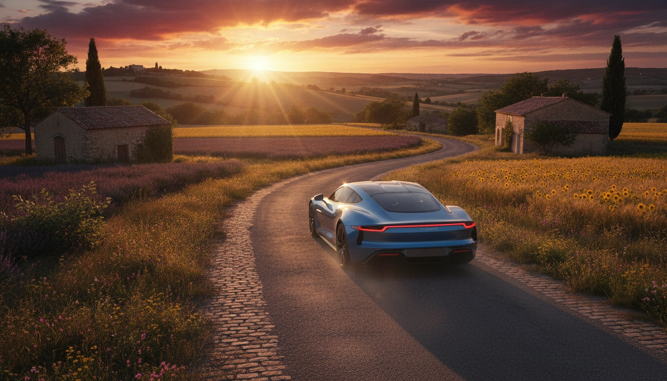 Voiture sur une route de campagne pour planifier budget total carburant road trip France plusieurs semaines