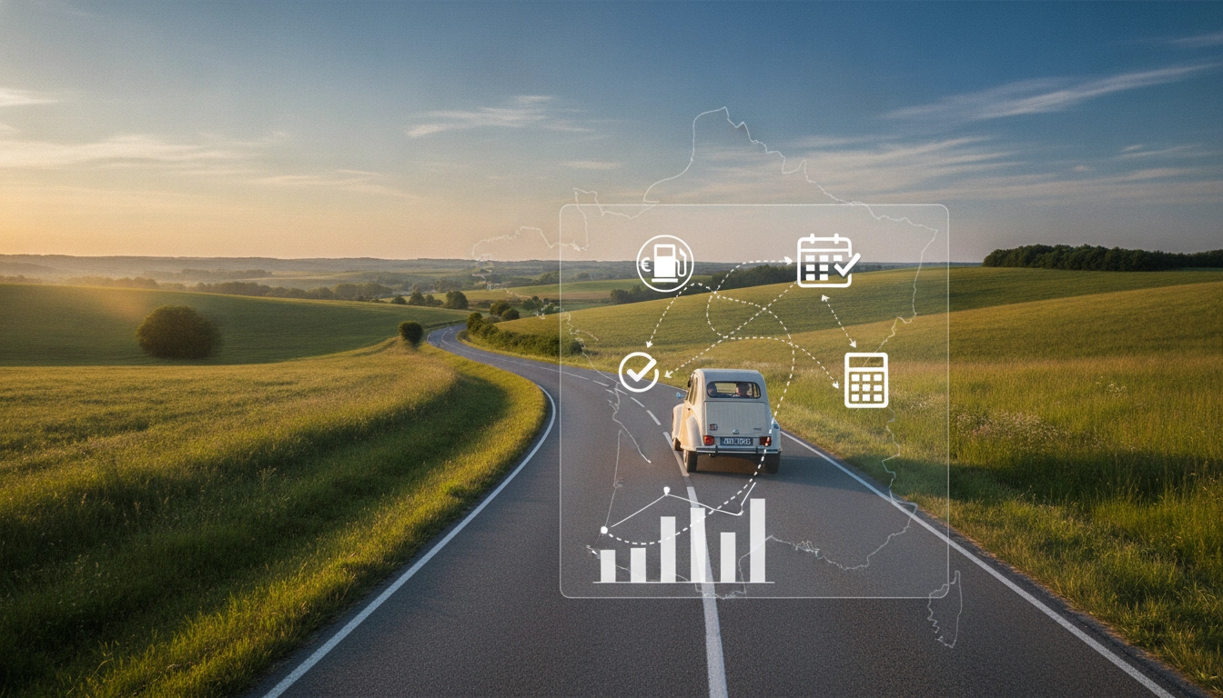 Un road trip en voiture sur une route pittoresque en France pour illustrer comment planifier budget total carburant road trip France plusieurs semaines