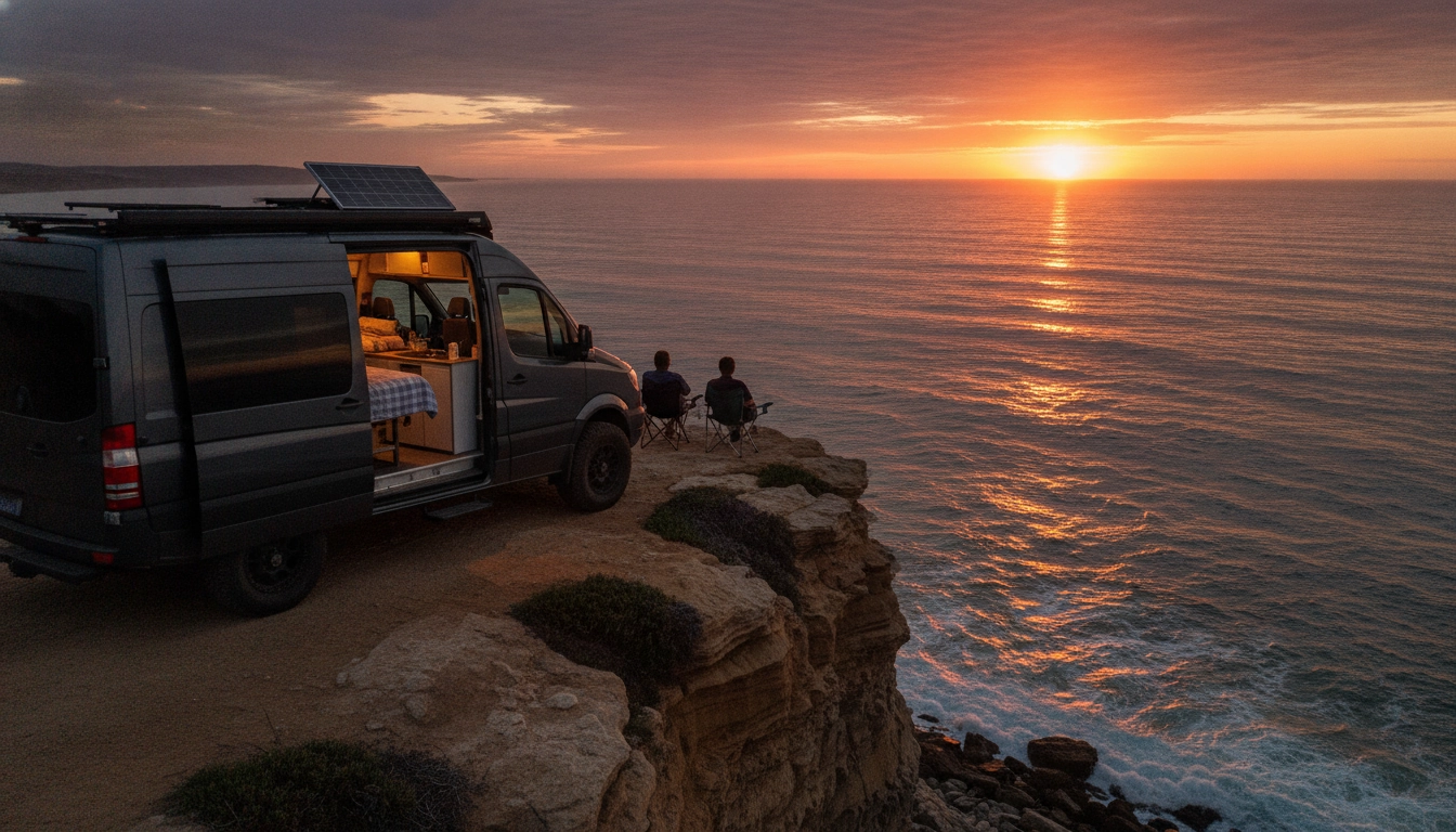 Vue magnifique sur l'océan lors d'un premier road trip en van de location sans expérience.