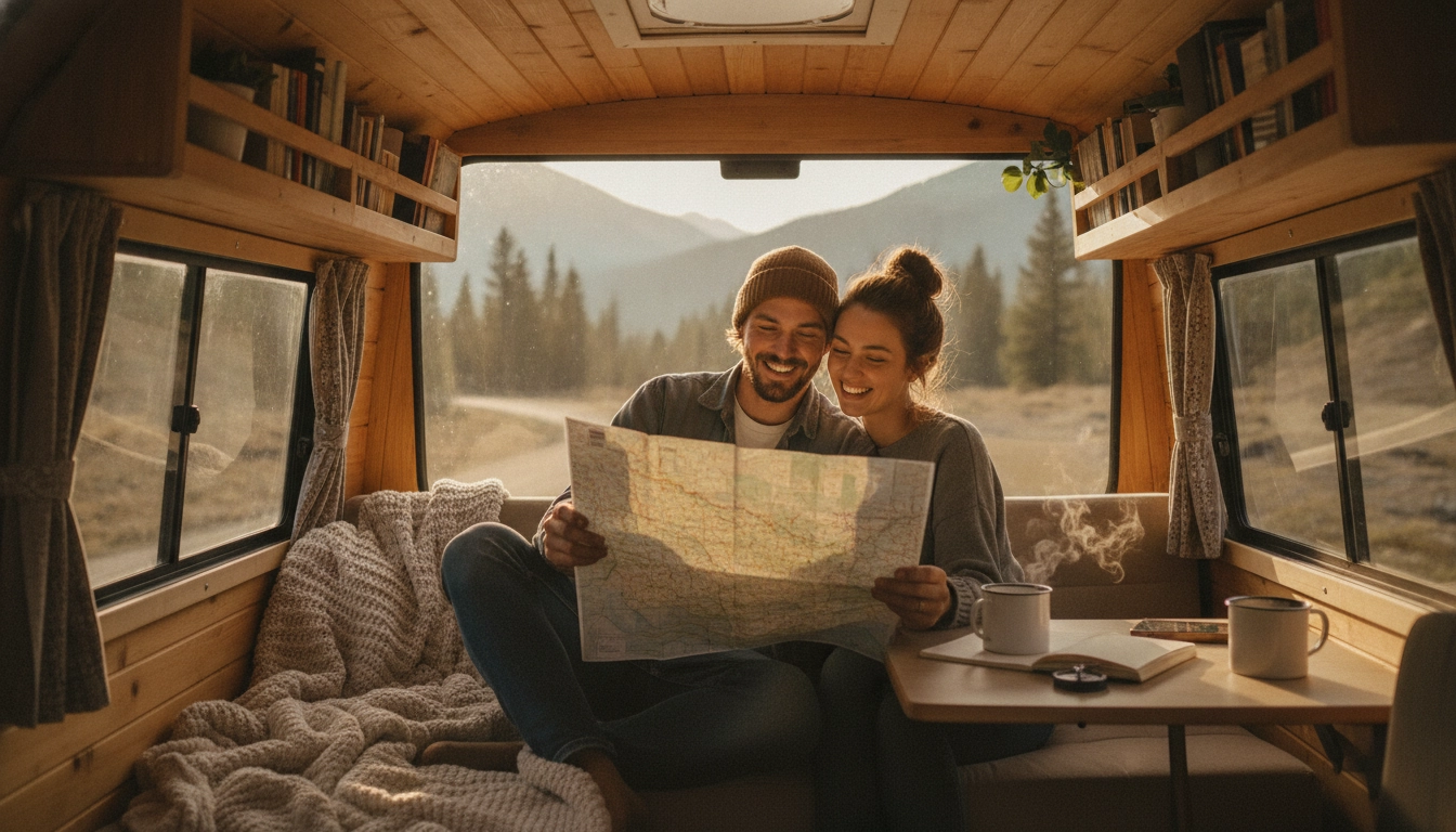 Un couple organise son itinéraire à l'intérieur d'un van aménagé confortable.