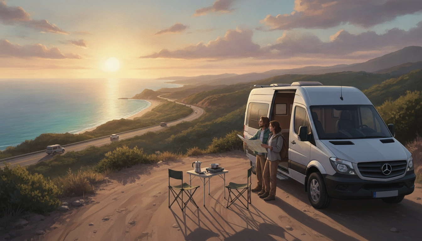 Un couple heureux prépare son premier road trip en van de location sans expérience au bord d'un lac.