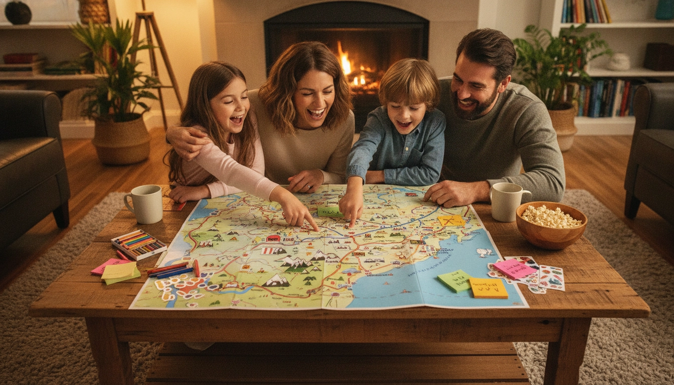 Parents et enfants en train de préparer ensemble un road trip en famille autour d'une carte routière colorée