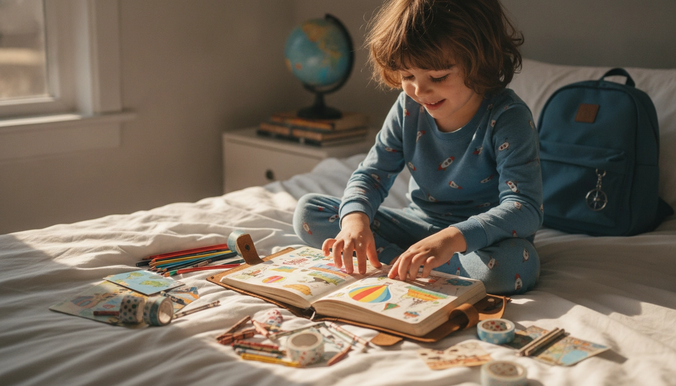 Enfant qui décore son carnet de voyage personnalisé avant de préparer un road trip en famille