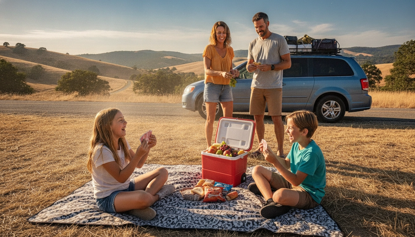Famille lors d'une pause en road trip, illustrant comment bien préparer enfants road trip avec des jeux et des snacks