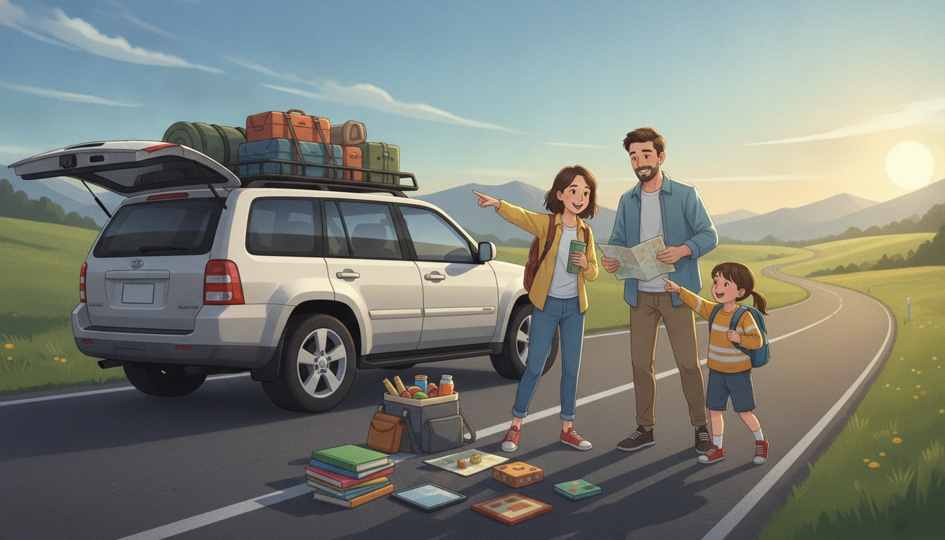 Famille avec enfants qui préparent un road trip ensemble autour d'une carte routière colorée sur la table du salon