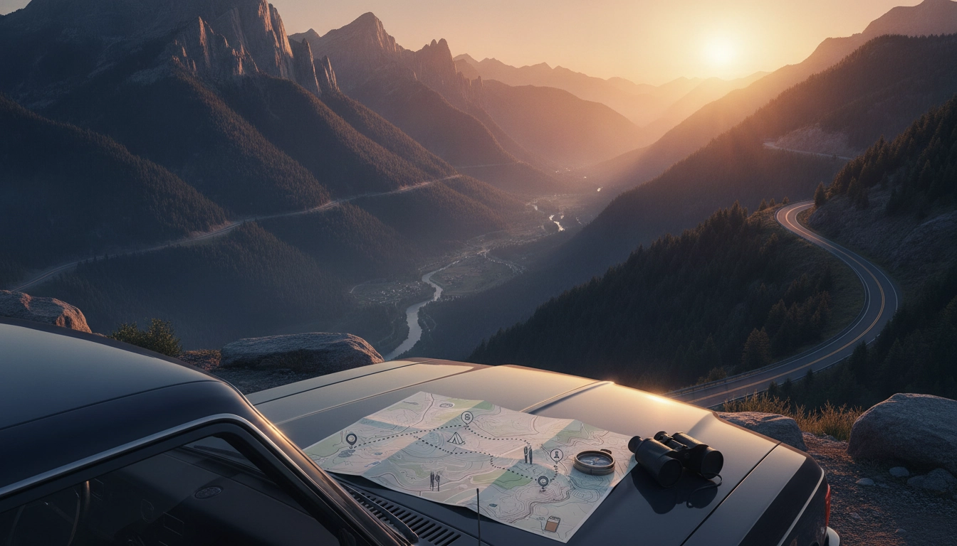 Un conducteur en train de préparer un road trip route panoramique montagne itinéraire sur une carte papier.