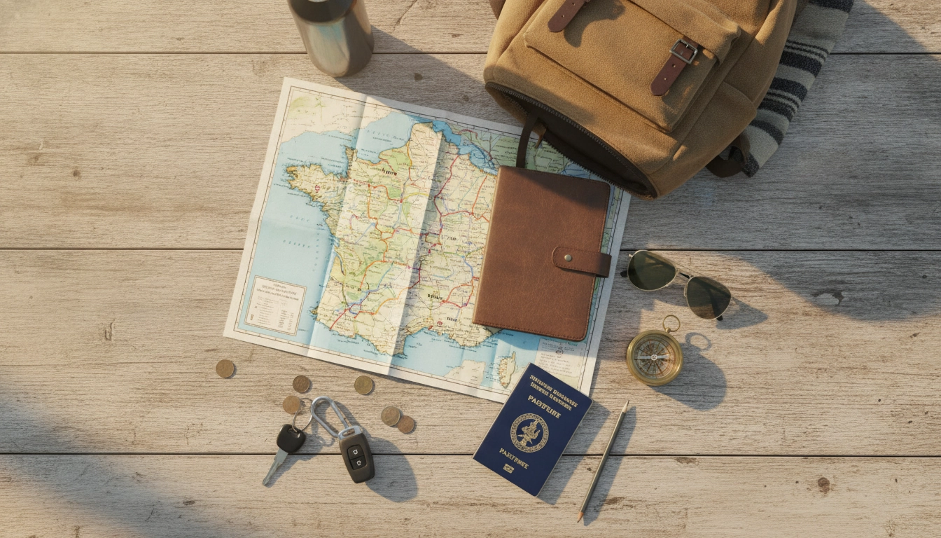 Accessoires essentiels pour préparer son road trip en France posés sur une table en bois
