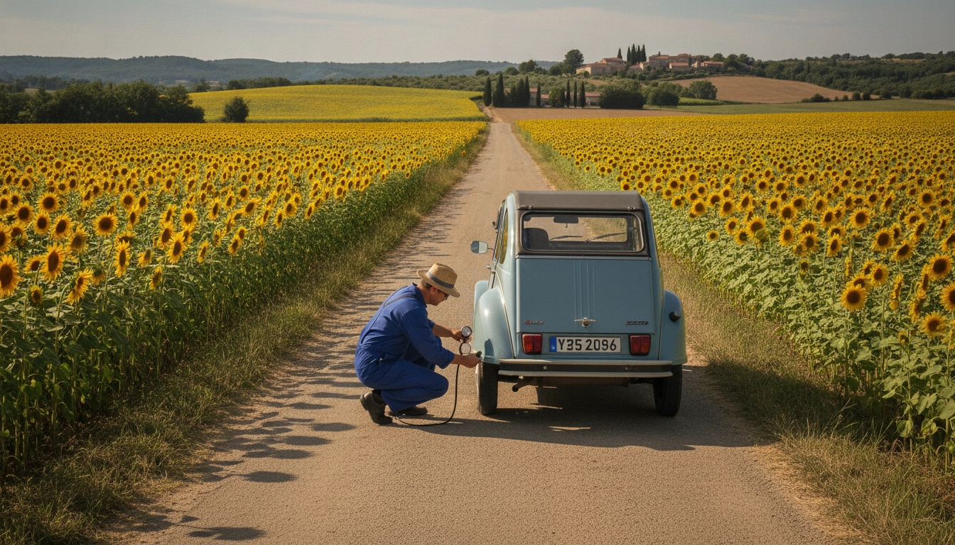 Vérification de l'équipement véhicule avant un road trip en France sur une route de campagne
