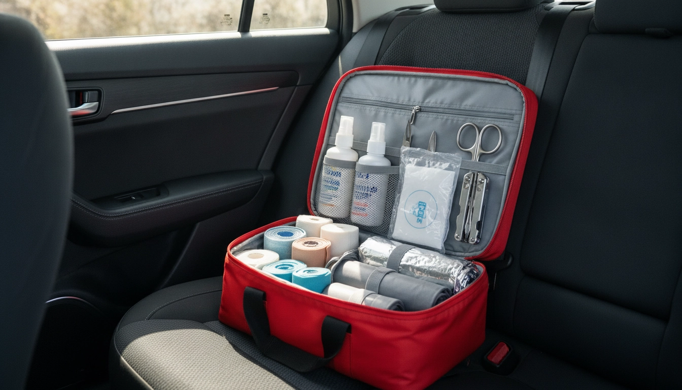 Trousse de premiers secours bien organisée dans un véhicule pour un road trip en sécurité