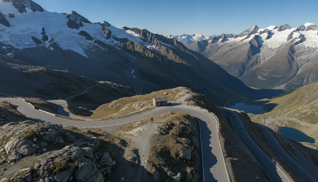 Randonneur au départ d'un col alpin combinant randonnées routes montagne en plein été