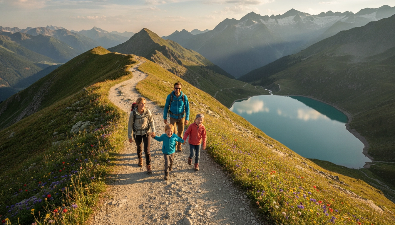 Famille en randonnée sur la route des Grandes Alpes avec vue sur un lac de montagne