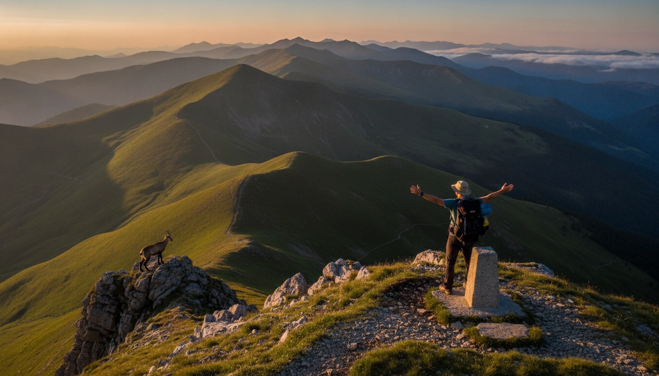 Randonneur au sommet du col d'Aubisque avec vue panoramique sur les Pyrénées françaises