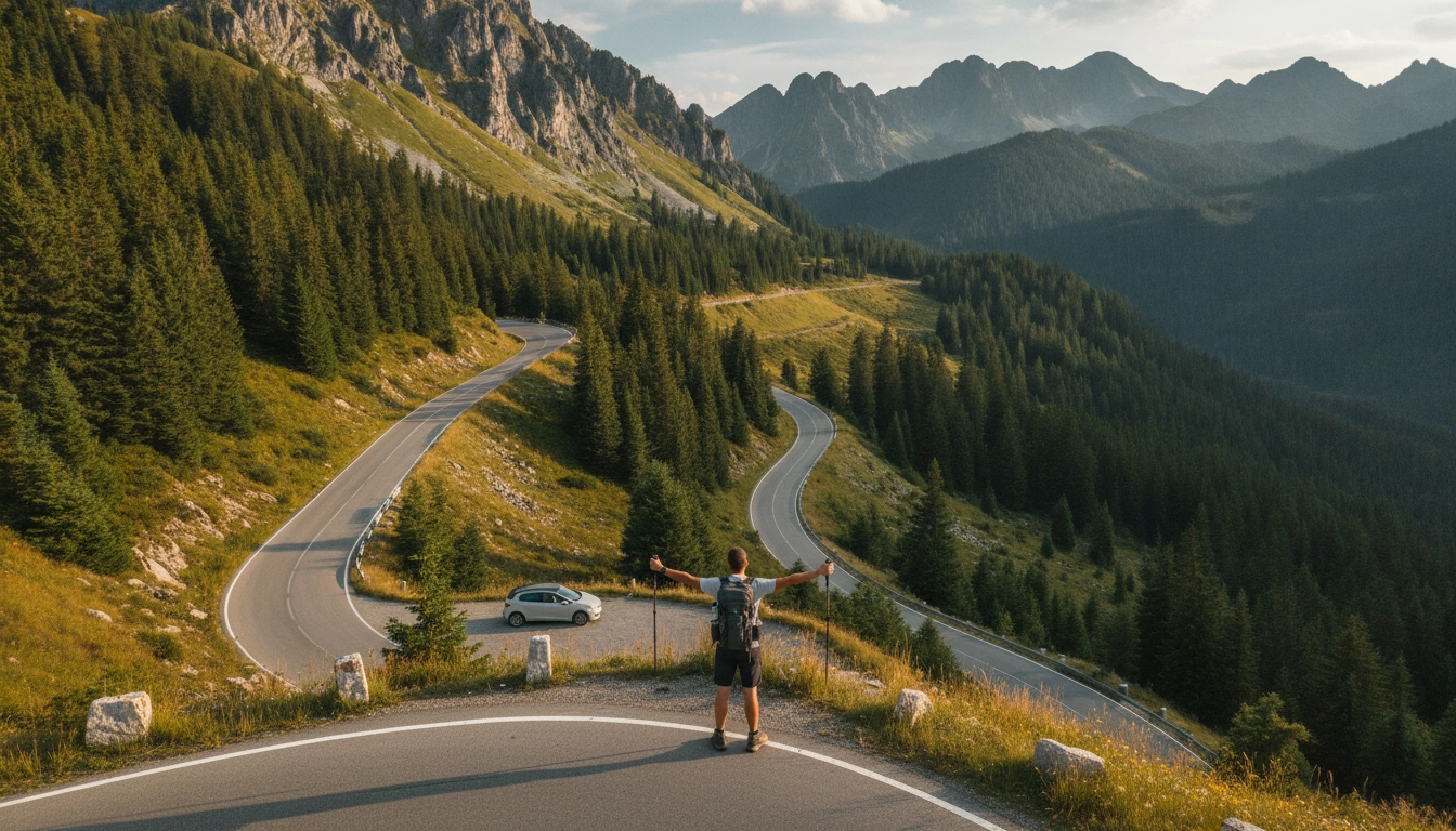 Randonneur sur un sentier alpin avec vue panoramique sur une route de montagne sinueuse