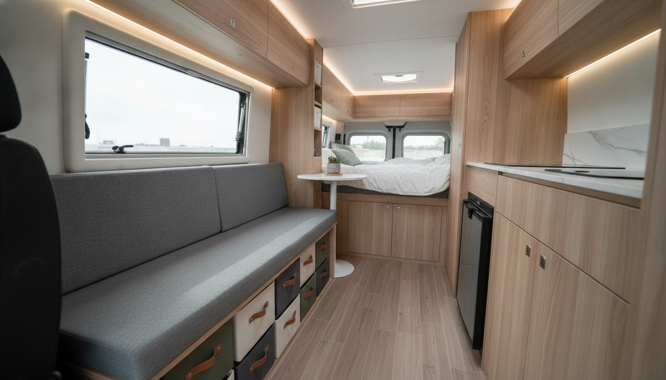 Aménagement intérieur avec une rangement vêtements van road trip solution pratique et efficace