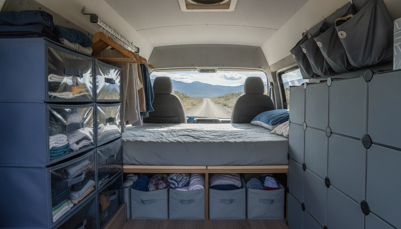 Une organisation intérieure optimisée avec une rangement vêtements van road trip solution pratique