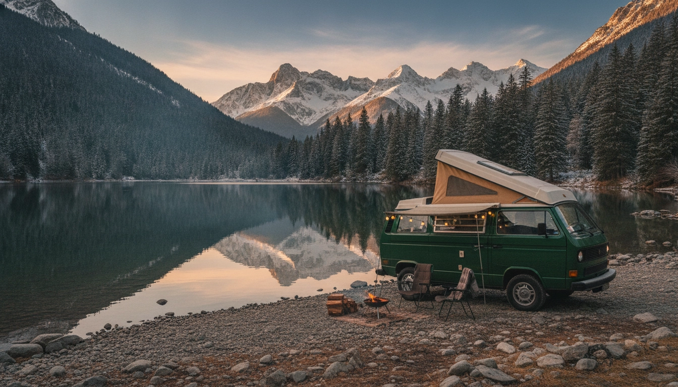 Van aménagé au bord d'un lac de montagne en France, exemple parfait pour réduire coût hébergement road trip grâce au bivouac gratuit dans la nature