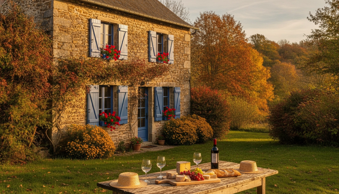 Gîte rural en pierre en automne dans la campagne française, hébergement abordable hors saison pour réduire les dépenses lors d'un road trip