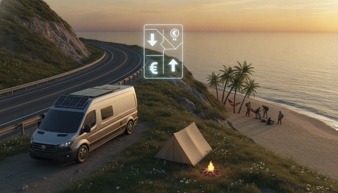 Van aménagé stationné face à un lac de montagne au coucher du soleil, illustration du concept de réduire coût hébergement road trip en bivouaquant gratuitement dans la nature