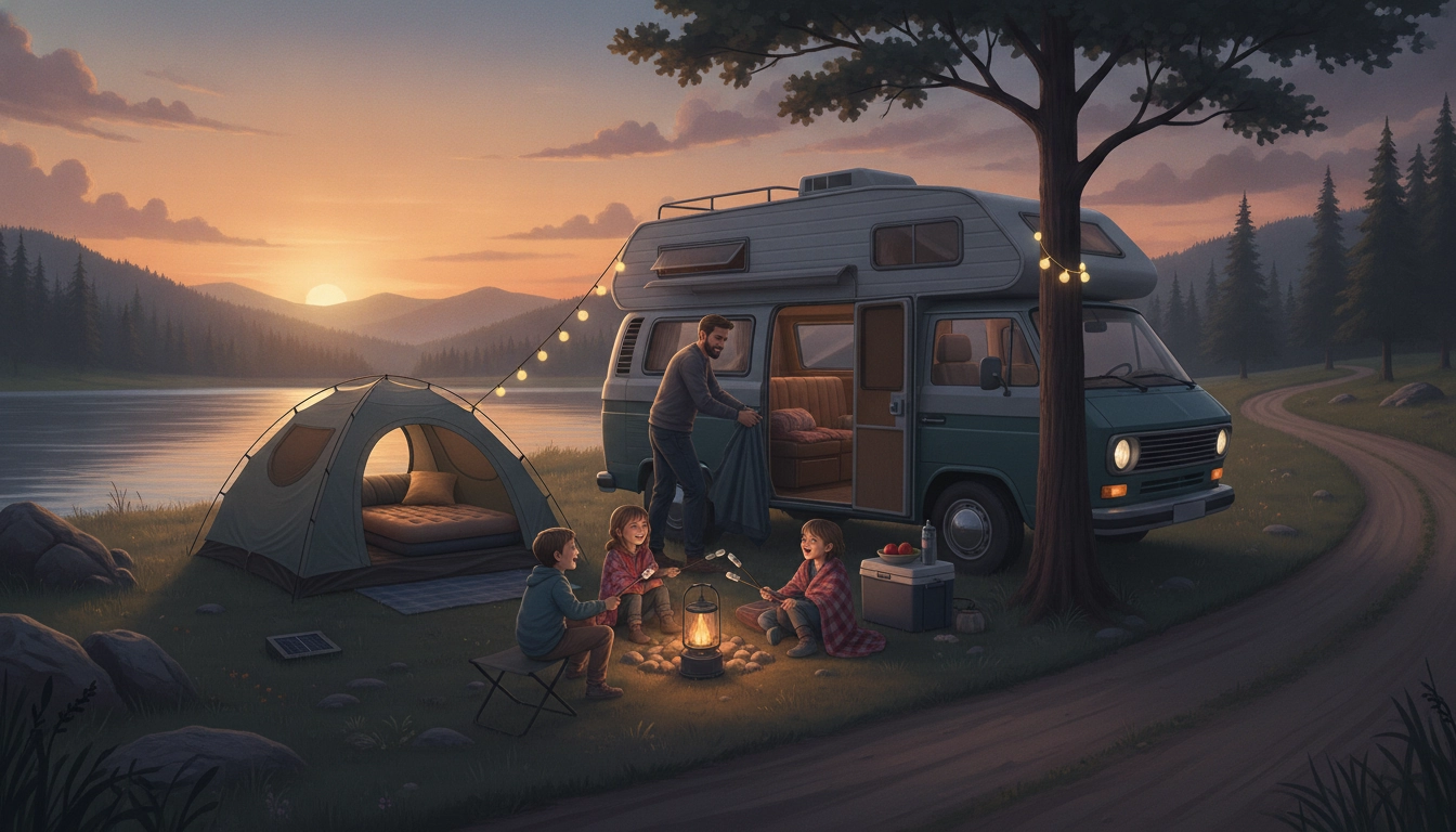 Une famille heureuse pique-niquant devant un van aménagé pour illustrer comment réduire hébergement road trip famille enfants budget.