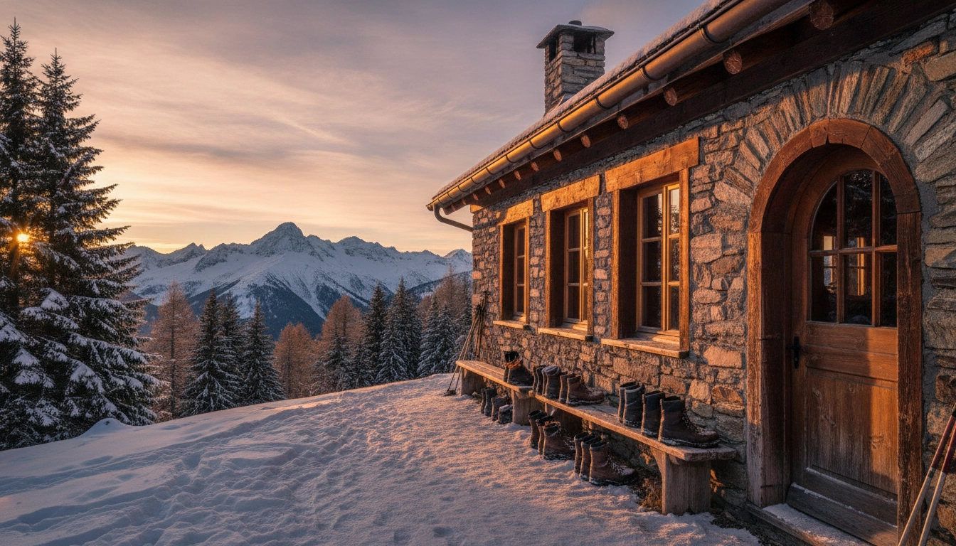 Refuges montagne authentiques au coucher du soleil dans les Alpes françaises, lumière dorée sur façade en pierres