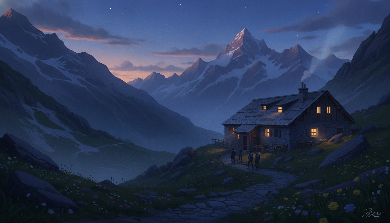 Vue panoramique depuis un refuge de montagne authentique au coucher du soleil dans les Alpes françaises