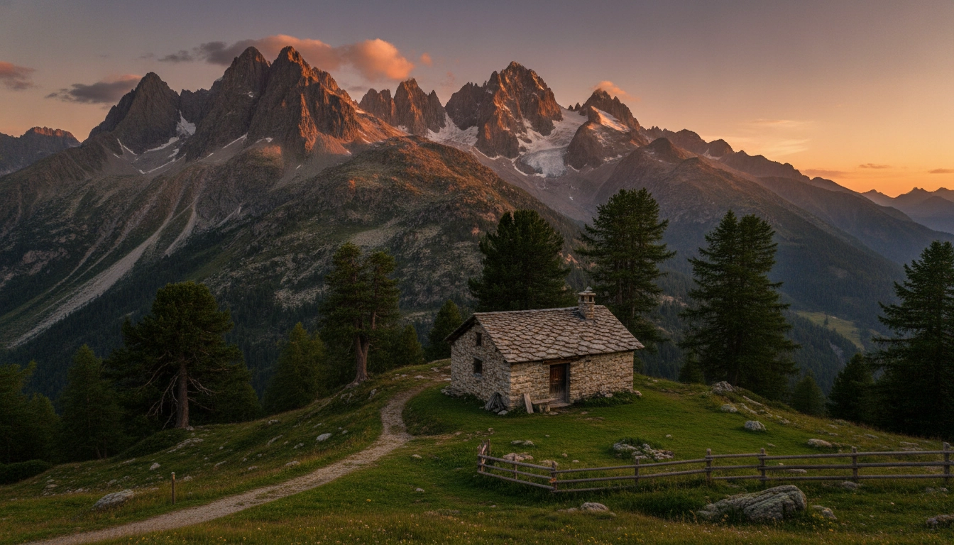 Vue panoramique sur des refuges de montagne authentiques sans gardien France au crépuscule