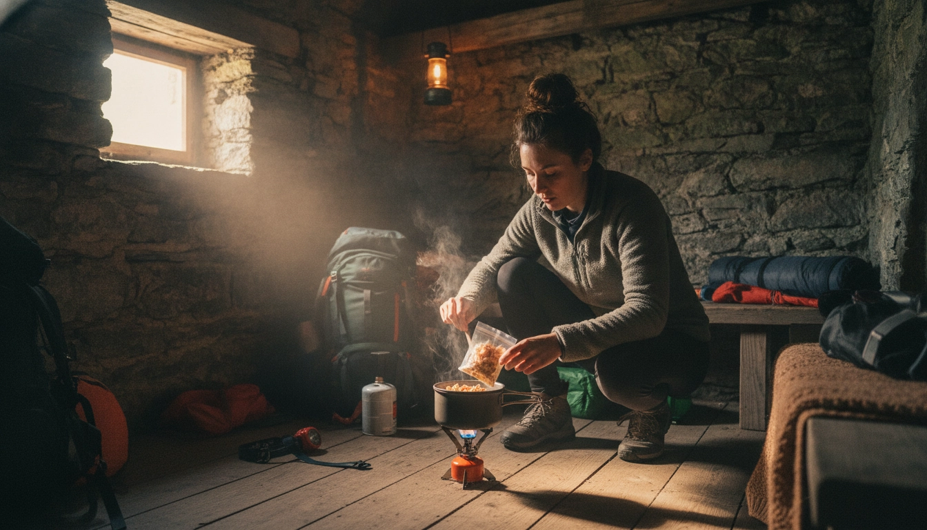 Préparation d'un repas autonome dans un refuge de montagne