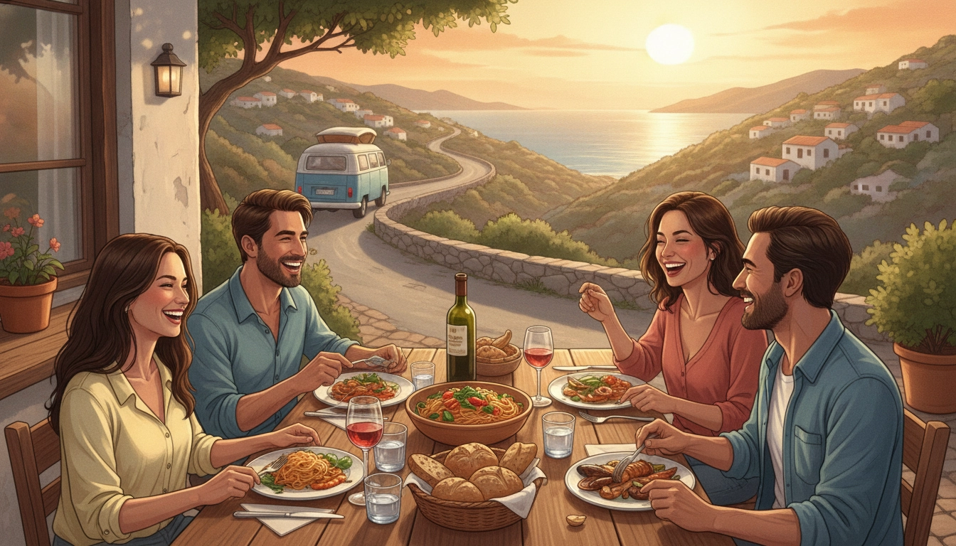 Un couple savoure un repas typique dans un petit restaurant de village, illustrant comment manger au restaurant local road trip sans se ruiner.
