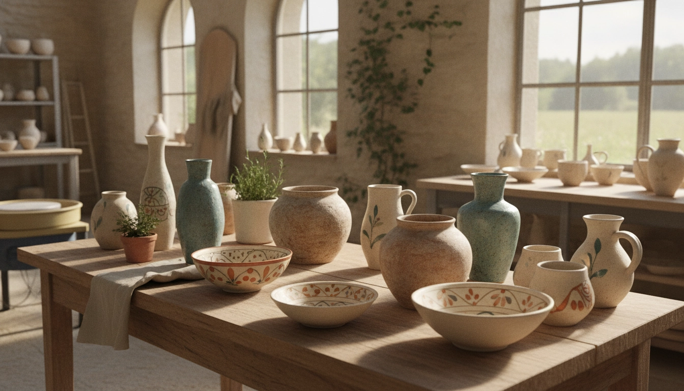 Poteries artisanales exposées dans un atelier français