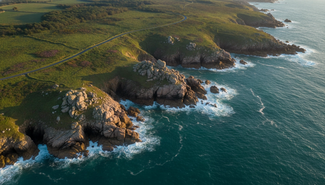 Vue aérienne des falaises brettonnes lors d'un road trip côte atlantique