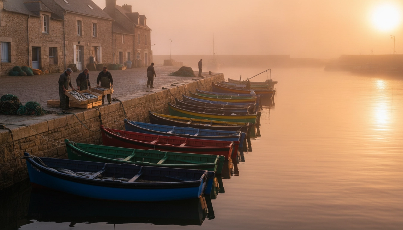 Port de pêche vendéen au lever du soleil pendant un road trip sur la côte atlantique française