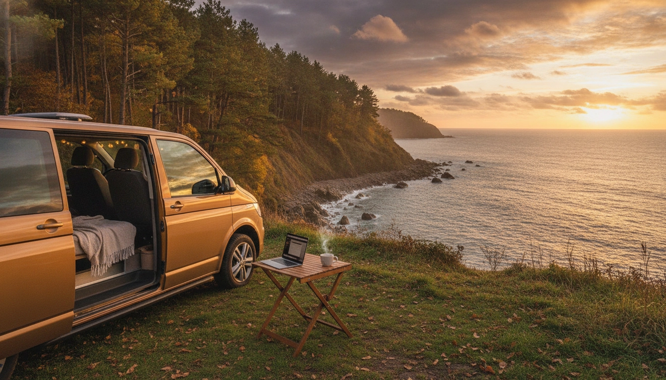 Van aménagé garé sur la côte basque atlantique en automne lors d'un road trip