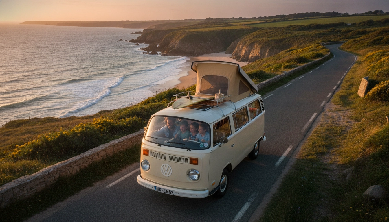 Une famille profitant d'un road trip côte atlantique en famille avec enfants sur une route côtière magnifique.