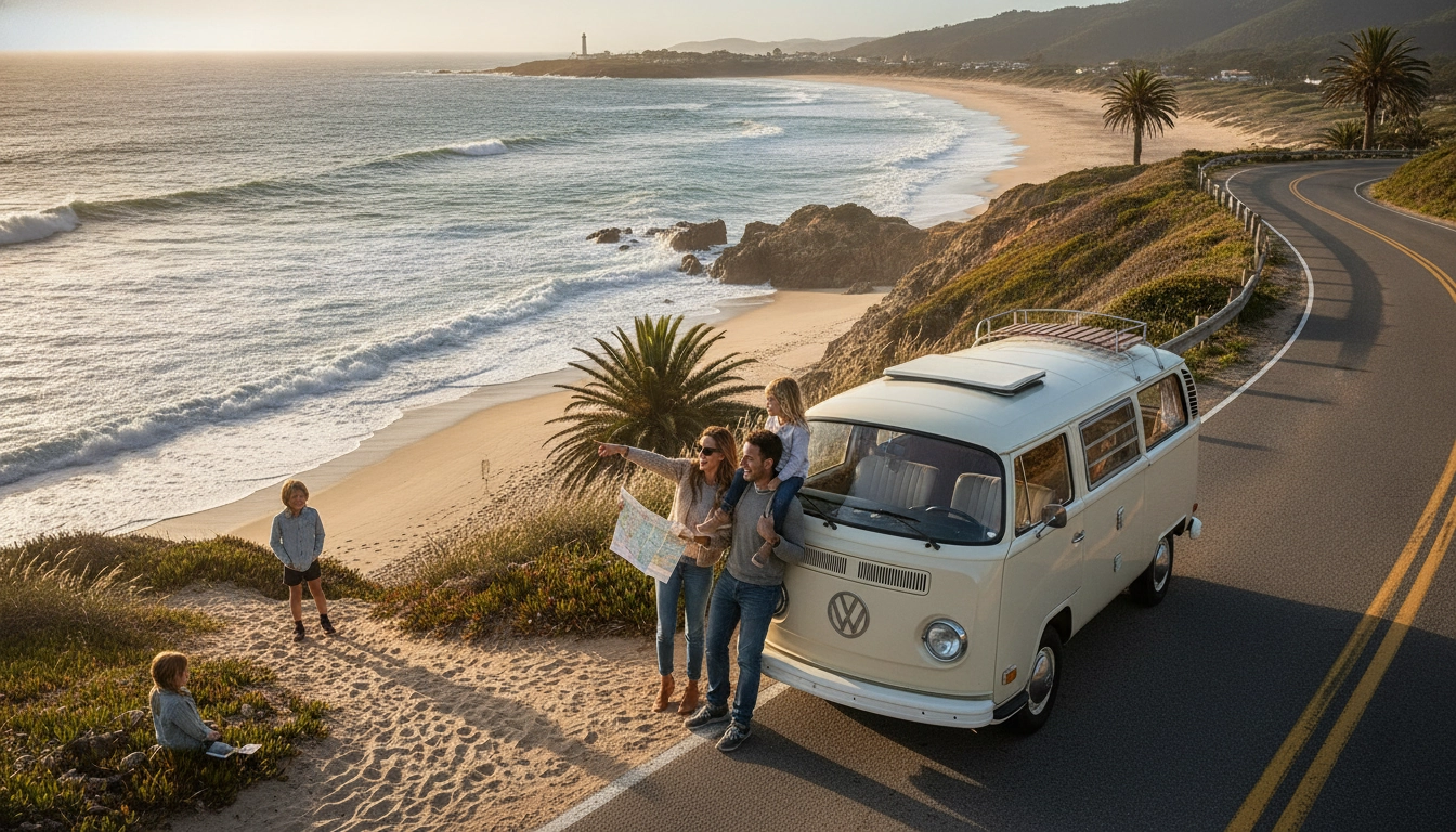 Une famille heureuse en voiture lors d'un road trip côte atlantique en famille avec enfants sous un soleil radieux.