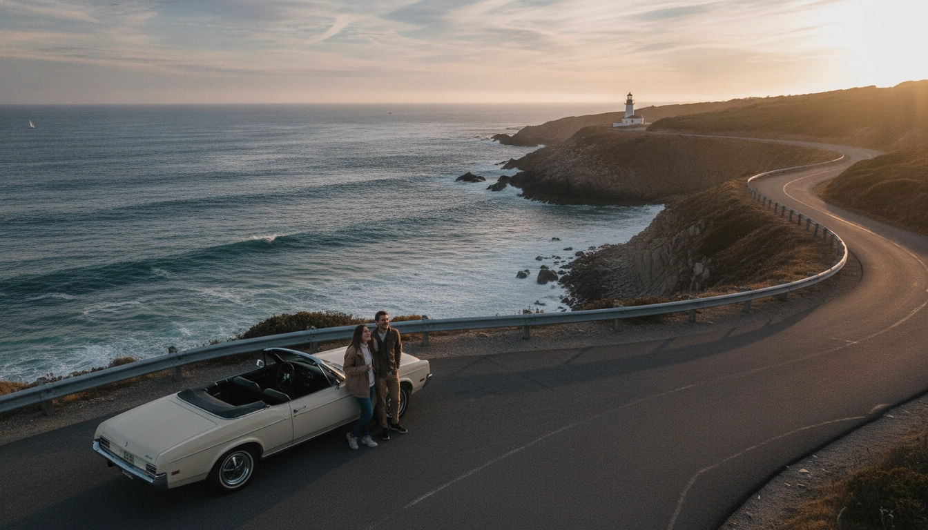 Road trip côte atlantique - voiture garée sur une falaise avec vue sur l'océan au coucher du soleil