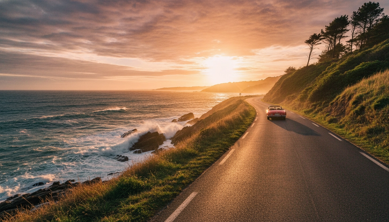 Route côtière au bord de l'océan Atlantique lors d'un road trip sur la côte française au soleil couchant
