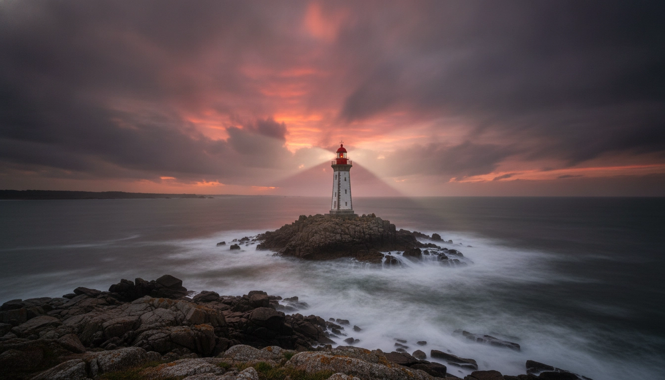 Phare breton sur un cap rocheux au crépuscule lors d'un itinéraire littoral en France