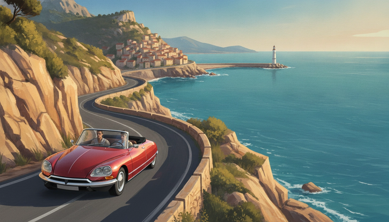 Voiture sur une route côtière lors d'un road trip sur la côte française au coucher du soleil