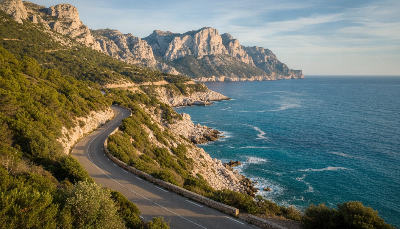 Route côtière sinueuse pour un road trip côte méditerranée avec falaises calcaires et mer turquoise au lever du soleil