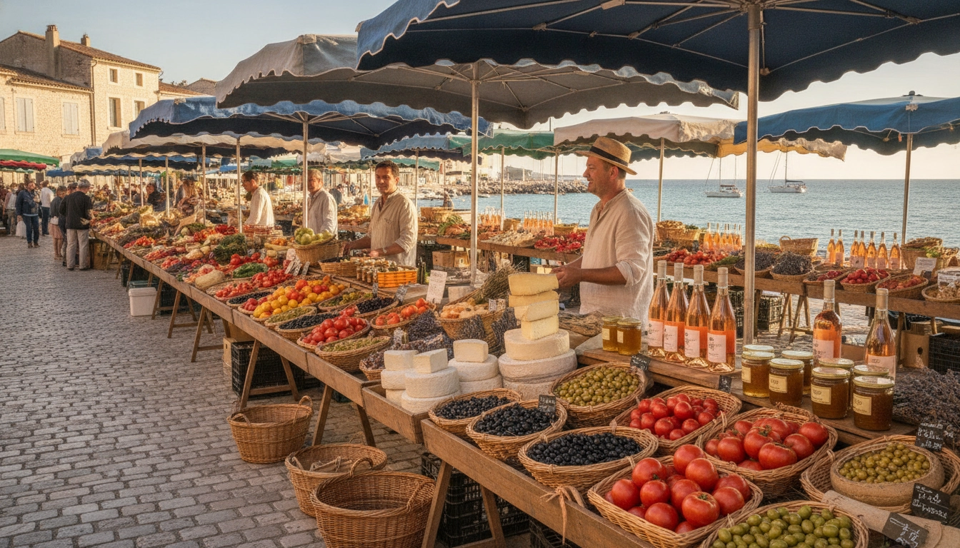 Marché provençal coloré en bord de mer méditerranéen à visiter lors d'un road trip dans le sud de la France