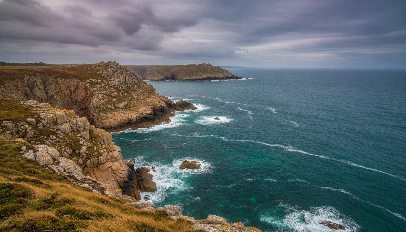 Un paysage spectaculaire et désert pour votre itinéraire road trip côte sauvage bretagne nord sans touristes.