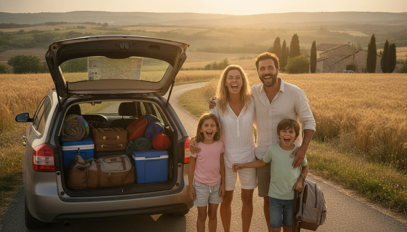 Famille souriante prête à partir en road trip en famille en France devant leur voiture chargée