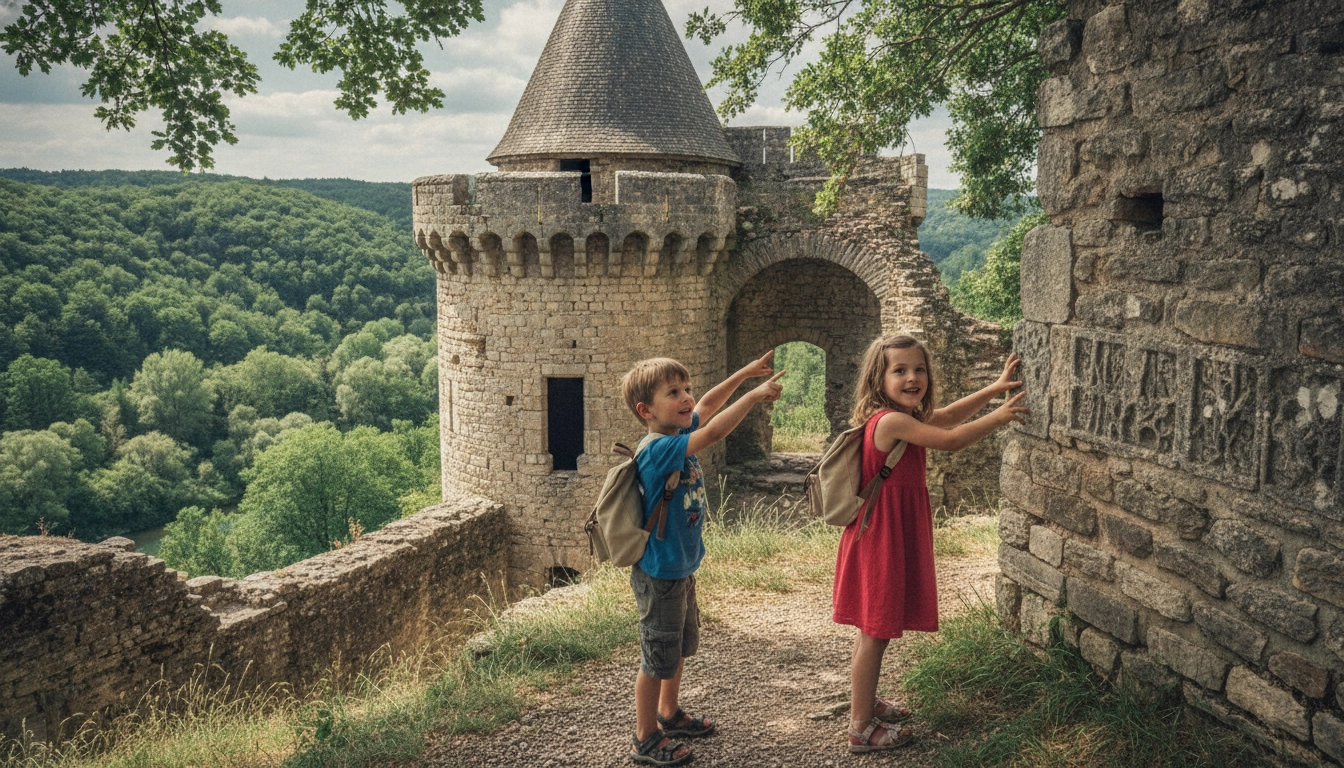 Enfants explorant un château médiéval lors d'un road trip en famille en Dordogne