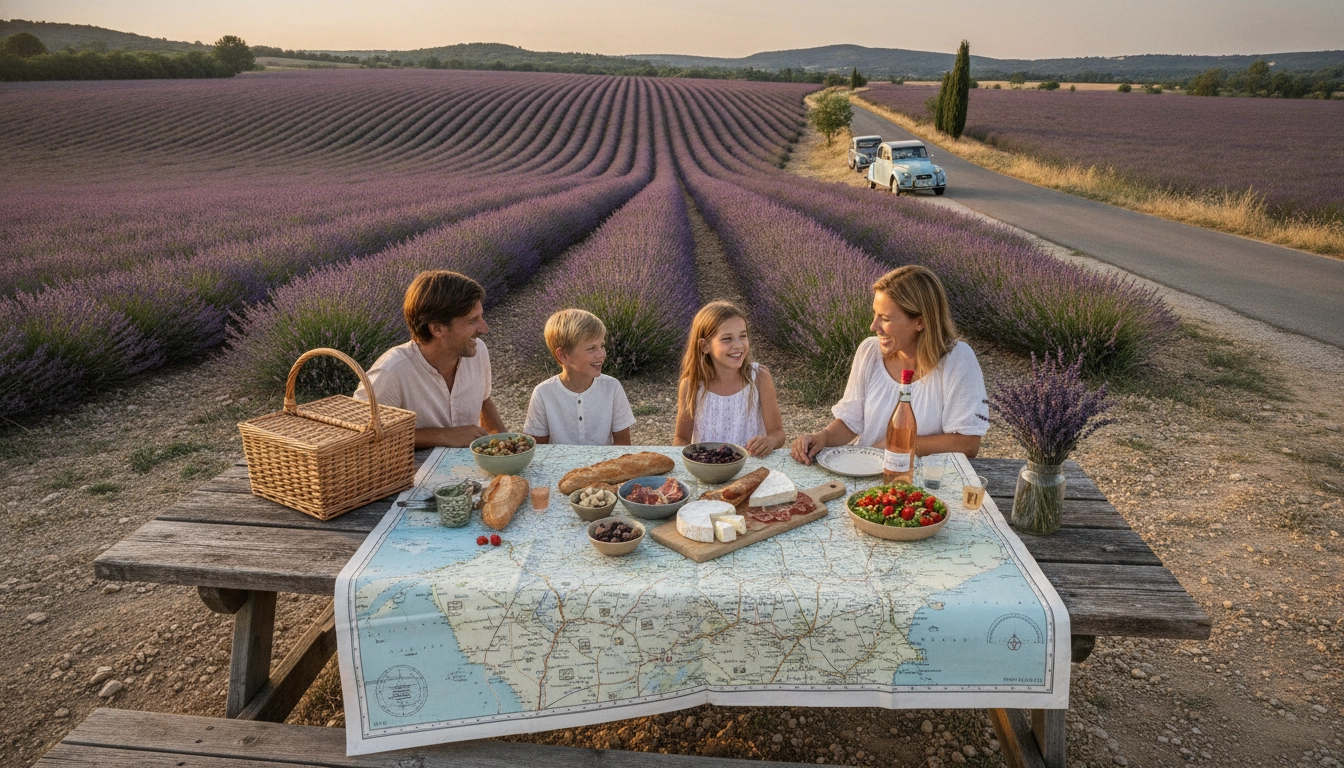 Pique-nique familial au bord de la route en Provence pendant un road trip avec enfants