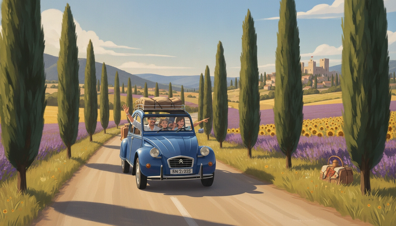 Famille heureuse en road trip en France devant un paysage naturel spectaculaire