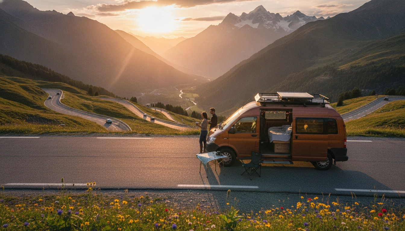 Van aménagé en road trip en van sur une route de montagne en France au coucher du soleil